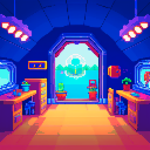 Spaceship interior in art style of stardew valley