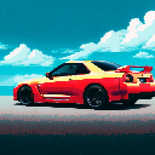 Photorealistic whole Nissan Skyline GT-R, three-quarter view, right front wheel, clean background, sRGB colors, pixel art style

