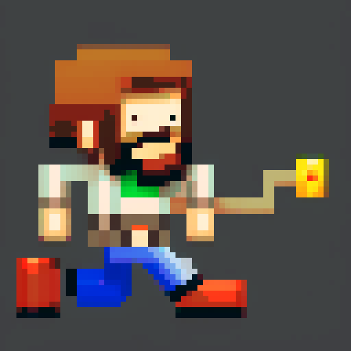 rugged, handsome, pirate captin, vibrant, pixelated character sprite jumps, runs, and swings a sword in a fantasy-themed, pixel art world. he also shoots pistols.