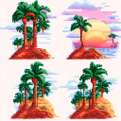 Palm trees on white sand beach with orange sunset over the ocean water.