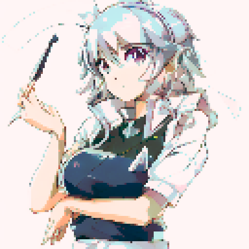 Sakuya Izayoi, wielding silver knives and surrounded by floating clocks, stands in a garden of cherry blossom trees in anime style.