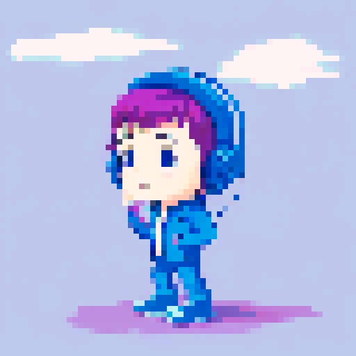 Chibi boy with rosy cheeks, wearing large headphones and a huge puffy jacket, looking from a highly detailed first person point of view, retro game style avatar