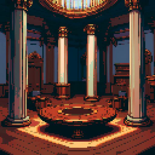 royal council, columns, building, inside, block, wood, discussion table, table, wooden interior, council room