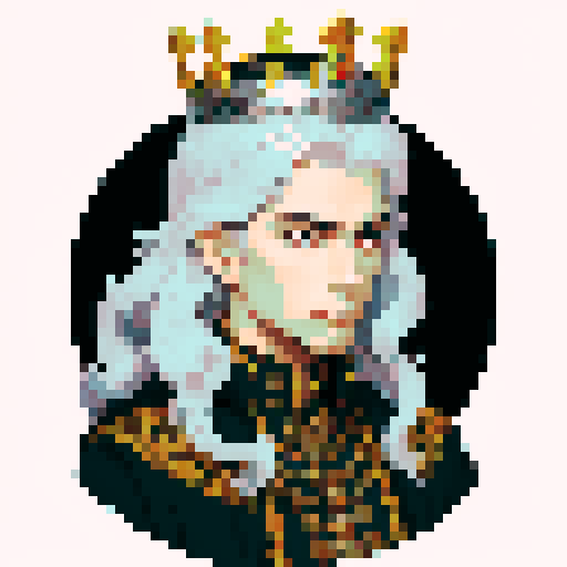 prince, regal, metall crown, black crown, majestic, stoic expression, sharp features, silver accents, silver royal robe, intricate embroidery, game icon, 32x32 pixel art, sRGB, skill art, close up, portrait, golden hairs, detailed