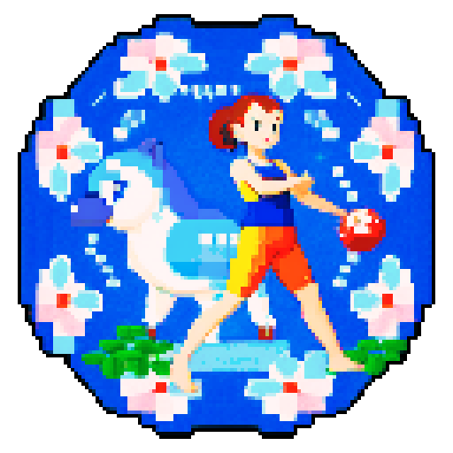 Rose, a warm and empathic person, practicing yoga, swimming, and krav maga, surrounded by pixel art flowers in shades of blue, while studying agricultural sciences, with her favorite Pokemon, Piplup, and a majestic malamute by her side