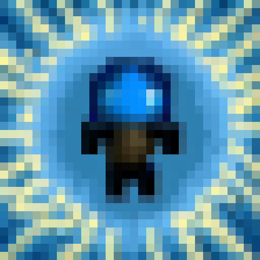 Blue-clad child brandishes firearm in 32x32 pixelated style.