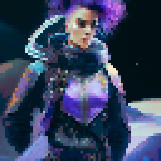 Purple and blue haired warrior queen, wearing a black leather jacket with holographic details and angular lines, with expressive green eyes and big breasts, holding a scythe, all in a fantasy RPG art style with holographic hair and braids