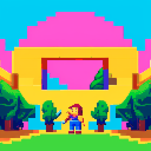 (first-person view), sword in hand, modern pixel art style, vibrant colors, dynamic action, 2D digital rendering, immersive game atmosphere, retro-inspired graphics, detailed pixel patterns, engaging environment, high energy, adventure-ready, captivating foreground, visually striking elements, lively background, nostalgic feel, 8-bit aesthetic, character perspective, interactive elements.