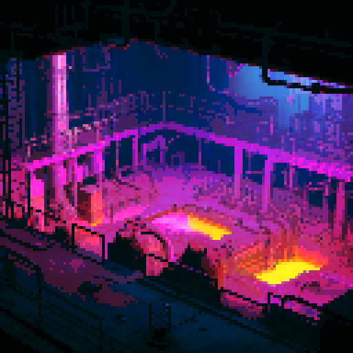 Corrosive Waste Factory
"A battleground viewed from a slightly elevated perspective, with a flat, corroded metal floor in the foreground. The edges of the arena are bordered by glowing pools of pinkish-purple toxic waste, with rusted machinery and pipes leaking hazardous material. The background rises slightly to show more industrial decay, with flickering lights enhancing the eerie atmosphere."