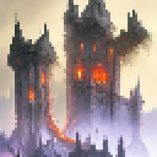 "Amidst the red flames of the dark and eerie forest, misty tendrils twist and writhe around a towering castle nestled in the trees - a scene straight out of a fantasy RPG."