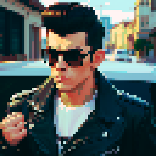 Tough Greaser man wearing motorcycle jacket with pompadour hairstyle, portrait, face avatar, sRGB colors.