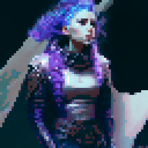 Purple and blue haired warrior queen, wearing a black leather jacket with holographic details and angular lines, with expressive green eyes and big breasts, holding a scythe, all in a fantasy RPG art style with holographic hair and braids