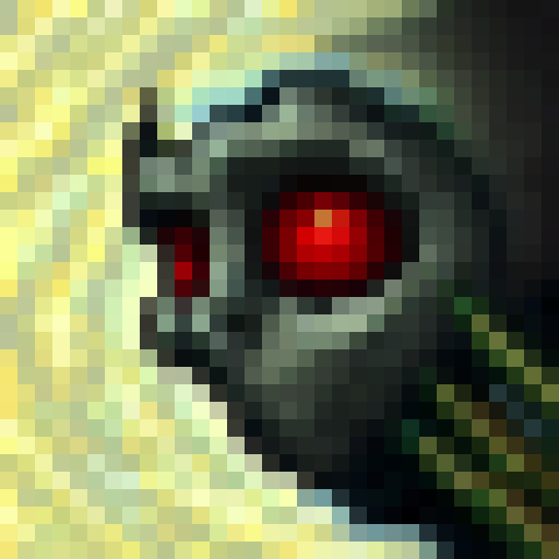 "Create a hauntingly detailed 24x24 game icon of a skull, featuring piercing red eyes and executed in skillful 32x32 pixel art style, to be rendered in sRGB color space and presented in an intimate close-up portrait."