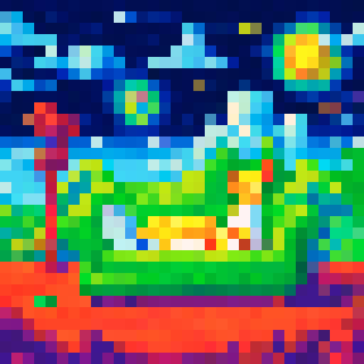 Ren and Stimpy, a chihuahua and a cat, are sitting on a psychedelic green couch with a lava lamp beside them, surrounded by a chaotic and colorful sRGB pixel art landscape