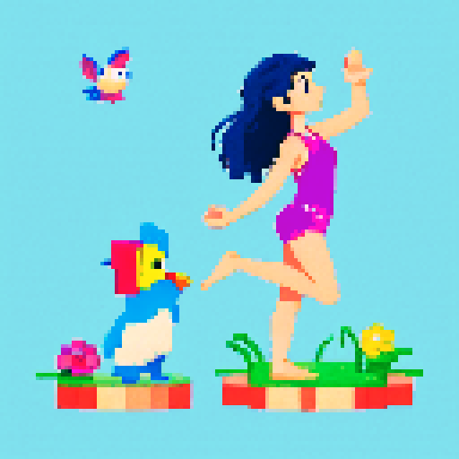 Rose, a warm and empathic person, practicing yoga, swimming, and krav maga, surrounded by pixel art flowers in shades of blue, while studying agricultural sciences, with her favorite Pokemon, Piplup, and a majestic malamute by her side