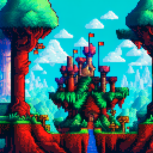 Cozy green clearing, majestic "Bone Castle", beautiful trees, vibrant flowers, sRGB pixel art, warm atmosphere, side view game, terraria style