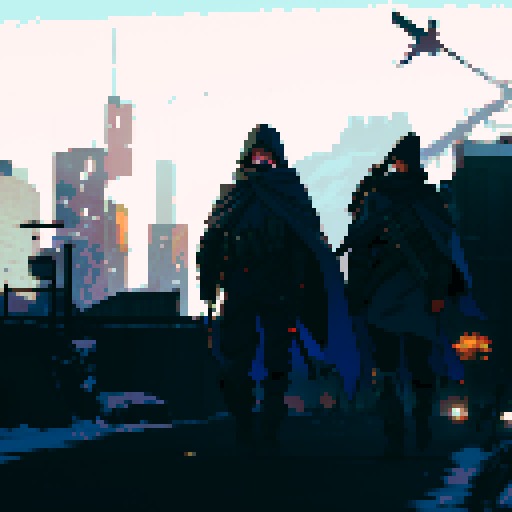 scifi soldier walking towards war torn city with a panzer faust on his back and a rifle in his hand. A Squad Mate of his is looking towards him, he has a cape on and a hood and carries a sniper rifle. The city has snow on it. Colorful, and good use of shading on the characters