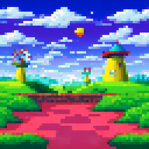 Mini golf obstacles like windmills and loops, pachinko balls and bumpers, and pinball flippers and targets, all set against a vibrant, retro landscape with a blue sky and green hills