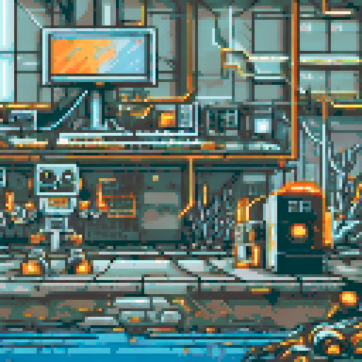Run-down, apocalyptic atmosphere with dilapidated machinery and sparks flying in a pixel art, sRGB, background landscape of a Futuristic robot factory Towering metal structures and cracked concrete floors create an eerie ambiance, illuminated by flickering neon lights Rusty conveyor belts and broken windows reveal shattered glass, while discarded robot parts lie among overgrown vines Eerie shadows dance across abandoned control panels, with parallax effects adding depth to the scene