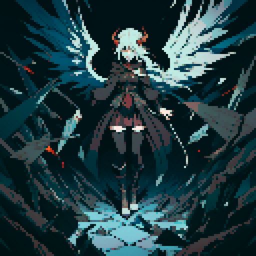 evil villain, angel with horns, wings made of broken glass shards, sharp spikes jutting from ground at feet