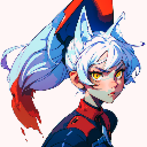 anthropomorphic fox woman reploid, white hair, yellow eyes, red helmet, blue headstone, white tail, clawed feet, sRGB, pixel art