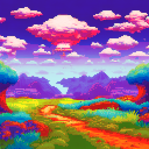 Alice, energetic and curious, explores a bizarre wonderland in pixel graphics with hilly landscapes, dark surroundings and a picturesque sRGB background with mushrooms