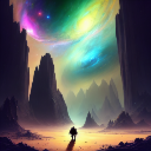 Chimp gazes at awe-inspiring landscape of galaxies, stars, and planets, evoking a sense of melancholy in a Fantasy RPG style.