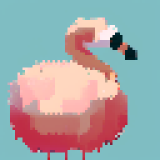 Pink, feathered, slender-necked flamingo standing tall amidst a sea of vibrant colors, rendered in stunning pixel art