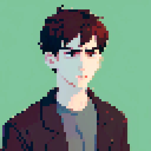 portrait, sprite art, character art, young man, neutral, sad, dark eyes, stern, depressed