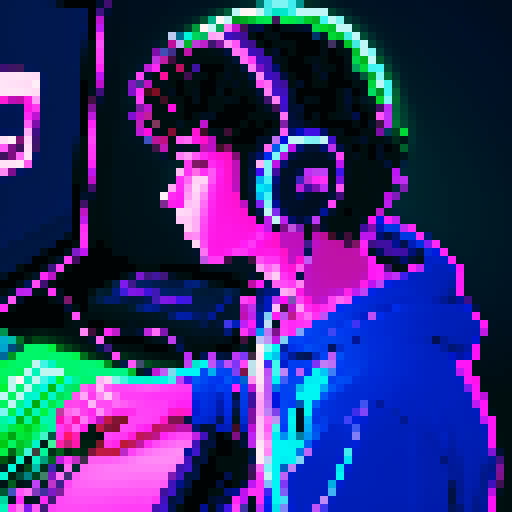 Brunette curly boy developer with headphones, coding on screen, vibrant sRGB pixel art, surrounded by glowing neon lights
