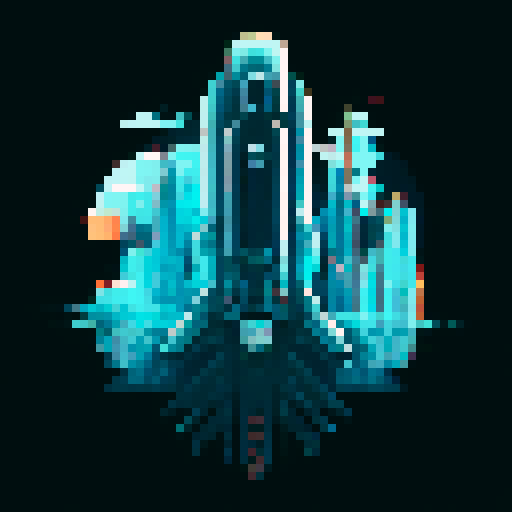 Spaceship, sleek design, metallic exterior, retro aesthetic, pixelated details,blinking lights, computer screens, wireframe outlines, geometric shapes, low-resolution textures, vibrant pixel art style, sRGB color space
View from above
