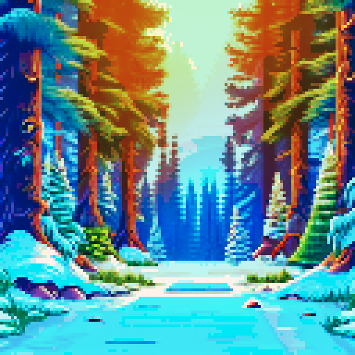 A snow covered winter forest, comprised of numerous tall spruce trees surrounding a clearing, a warm and quaint cottage rests in the center of the clearing, warm light shines through its windows casting light onto the snowy ground outside.