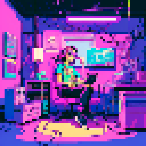 Synthwave retro vibe logo, messy room with tangled wires and retro tech, vibrant purple and pink hues contrasting with black accents, an aloof and chill teen boy sitting on a recliner adorned with retro headphones, a contented cat lounging on his lap, a handmade pixel art creation with love and dedication, all designed in the sRGB color space to maintain the authentic pixel art style