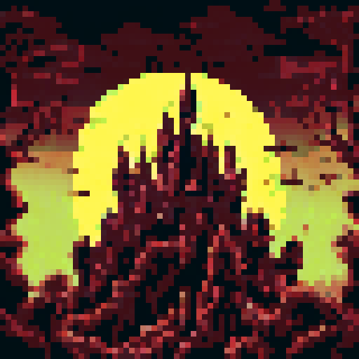 Dark, brooding landscape, Dracula's vampire castle, towering gothic spires, foreboding shadows, moonlit courtyard, gargoyles perched atop, swirling mist, ancient ivy-covered walls, blood-red sky, pixelated art, sRGB