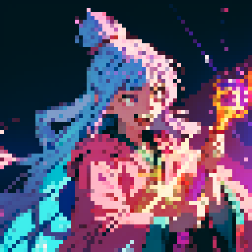 legendary anime girl wizard, long flowing hair, vibrant and dynamic colors, glowing magical staff, intricate and ornate robes, intense and happy expression looking to the right with entire body visible, sparkling and shimmering background, detailed and precise pixel art
