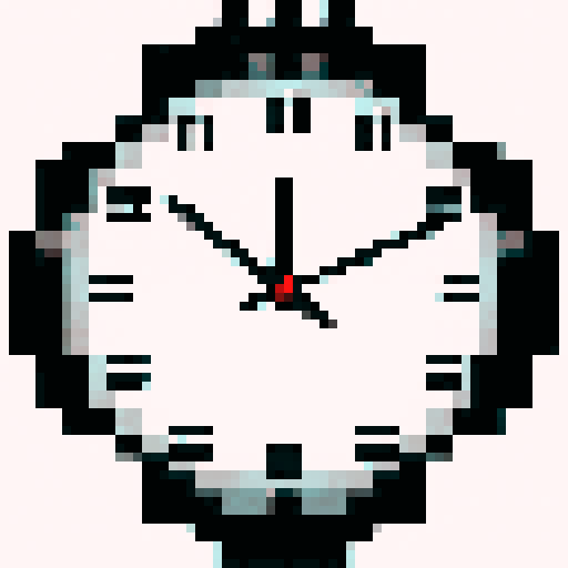 pixelated black and white clock, time set to 1, pixel art style, sRGB