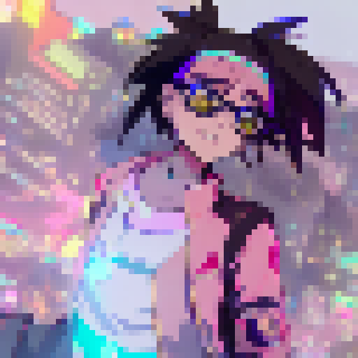 Rainbow-haired girl with oversized glasses and a flowing dress dances under a starry sky, surrounded by neon lights and futuristic cityscapes, in a vibrant anime style.