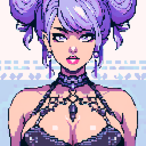 curvy, seductive busty goth babe with studded collar, hair in buns, aroused nude big titty goth in a close-up nude glamour shot, wearing halter top, against a modern tile backsplash, pixel art, sRGB