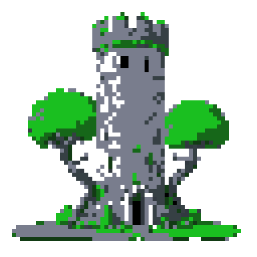 2d grey stone tower in an ancient english style. Old and crumbling but still upright. Green vines crisscross it. Usable as an asset (clear, thick lines and a white background). Put a black stroke around the composition