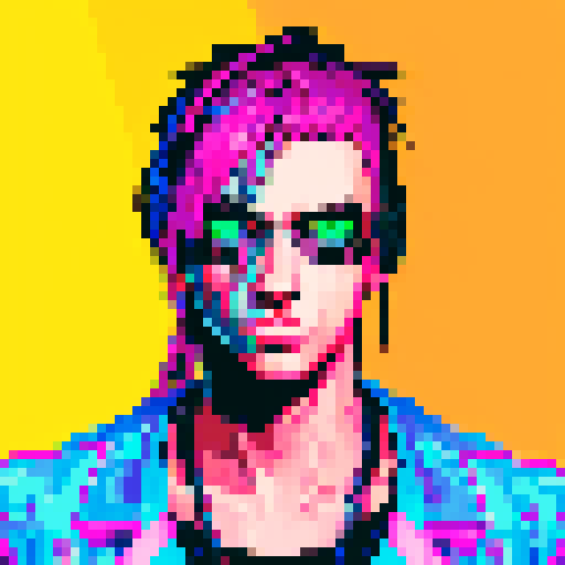 cyberpunk hacker with neon hair, neon cityscape reflection, vibrant graffiti, glitch effects, realistic