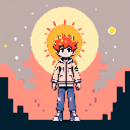 a kid with open arms, and a headpiece that resembles the sun, and a detail in his clothes on the chest area that resembles the moon. the background looks like outerspace.
