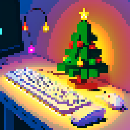 keyboard, mouse, decorated Christmas tree with twinkling lights instead of monitor, desk, 8-bit, vibrant and lively asthetic