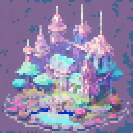 city, high tech castles, cathedrals with glowing stained glass windows, futuristic bridges spanning lush greenery, pixelated trees and flowers, small digital animals roaming, all in vibrant sRGB colors