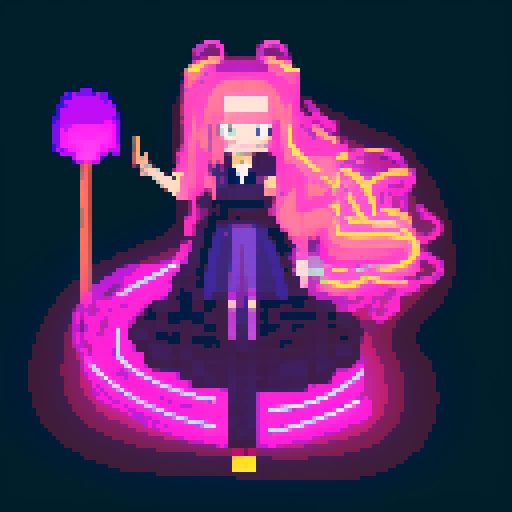  Mage anime girl with flowing hair, fluorescent tattoos, and a glowing staff,  floating in her evil lair