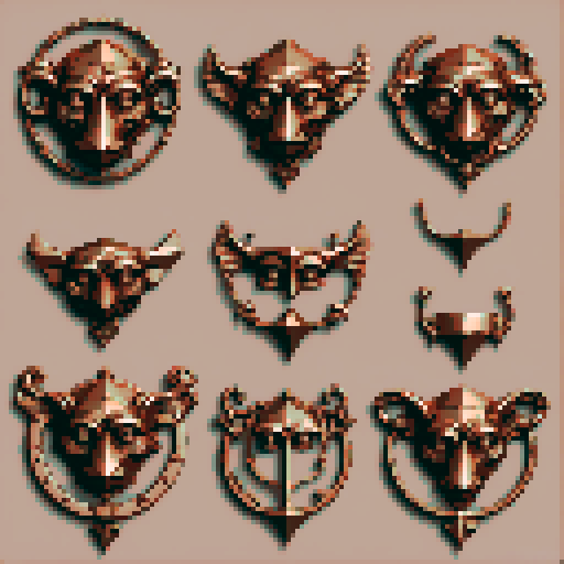 simple, geometrical pieces copper from old door knocker and gargoyles. Steampunk. It should be seen as if on a wall, with no perspective, on a solid-color background. There should one be two or three pieces in each frame, it shouldn't be complete.