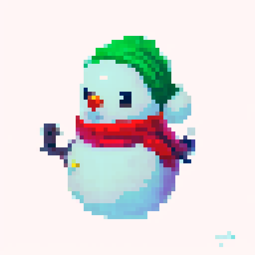 "pixel art snowman made of two balls, wearing a vibrant red scarf, using a retro-inspired 8-bit art style."