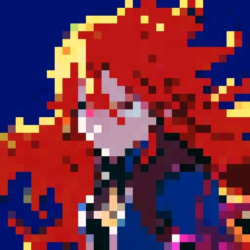 anime character, vibrant colors, dynamic pose, pixelated details, glowing eyes, flowing hair, action-packed scene, intense lighting, dramatic shadows, intricate background