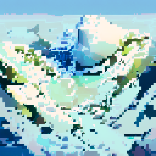 Snowy mountain range research complex with sleek, angular architecture blending into the snowy landscape, surrounded by icy cliffs and a frozen river cutting through the valley, all in a landscape portrait style.