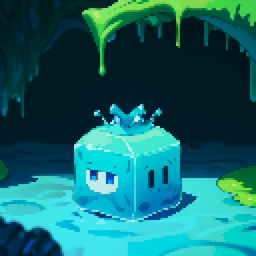 Blue Slime cube, Gelatinous cube, wearing crown, giant Slime, boss fight