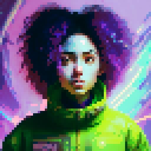 cute girl with big, expressive eyes, long blue hair, vibrant neon colors, pixel art aesthetic, futuristic cityscape filled with towering skyscrapers and holographic billboards, glowing neon signs reflecting off rain-soaked streets, characters wearing edgy, futuristic fashion, dramatic lighting casting long shadows, intricate circuitry and glowing cybernetic, landscape portrait